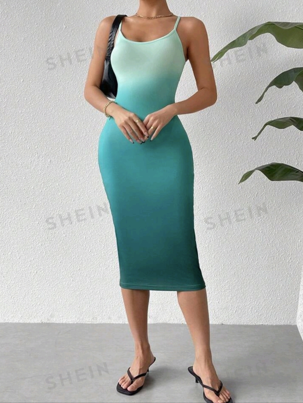 New Shein Green Ombre Stretch Bodycon Adujstable Strap Midi Dress Size Large
